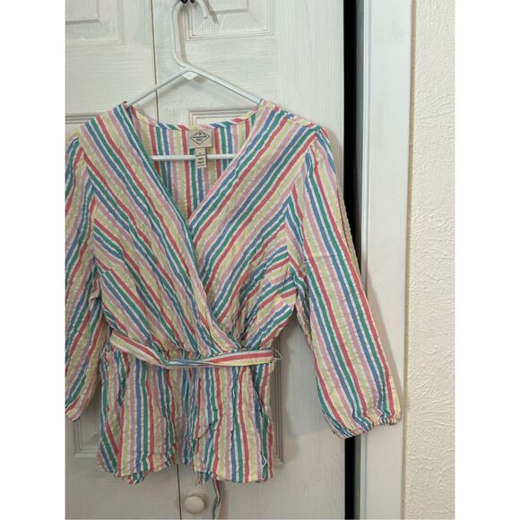 St. John's Bay Women's Stripe Tie Waist Balloon Sleeve Blouse Petite Large - Picture 2 of 7